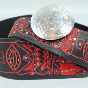 Chico's Black and Red Belt with Silver Medallion women